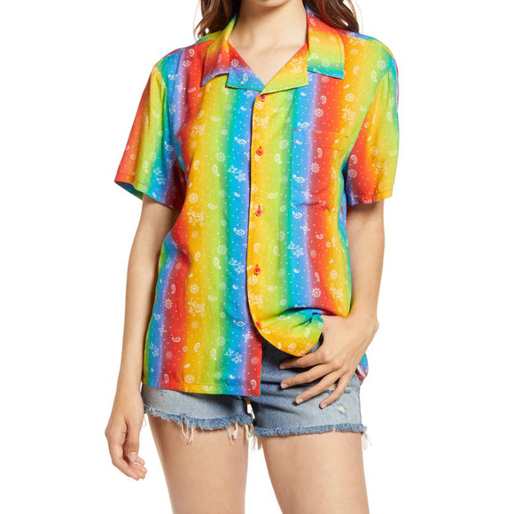 bp Tops - BP Women's Be Proud Camp Stripe Short Sleeve Button-Down Shirts Multi S, $49 NWT